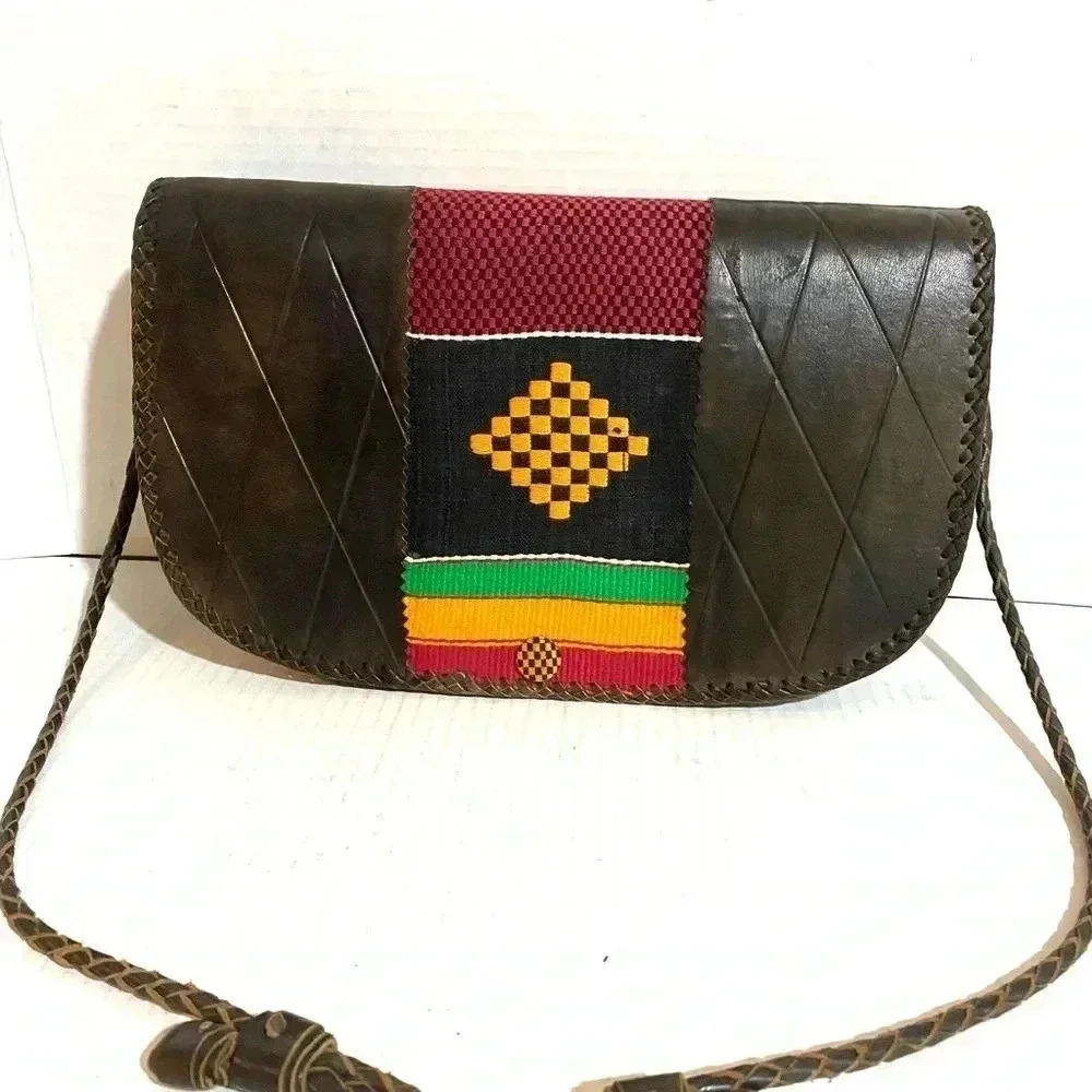 Handcrafted leather kente cloth shoulder handbag